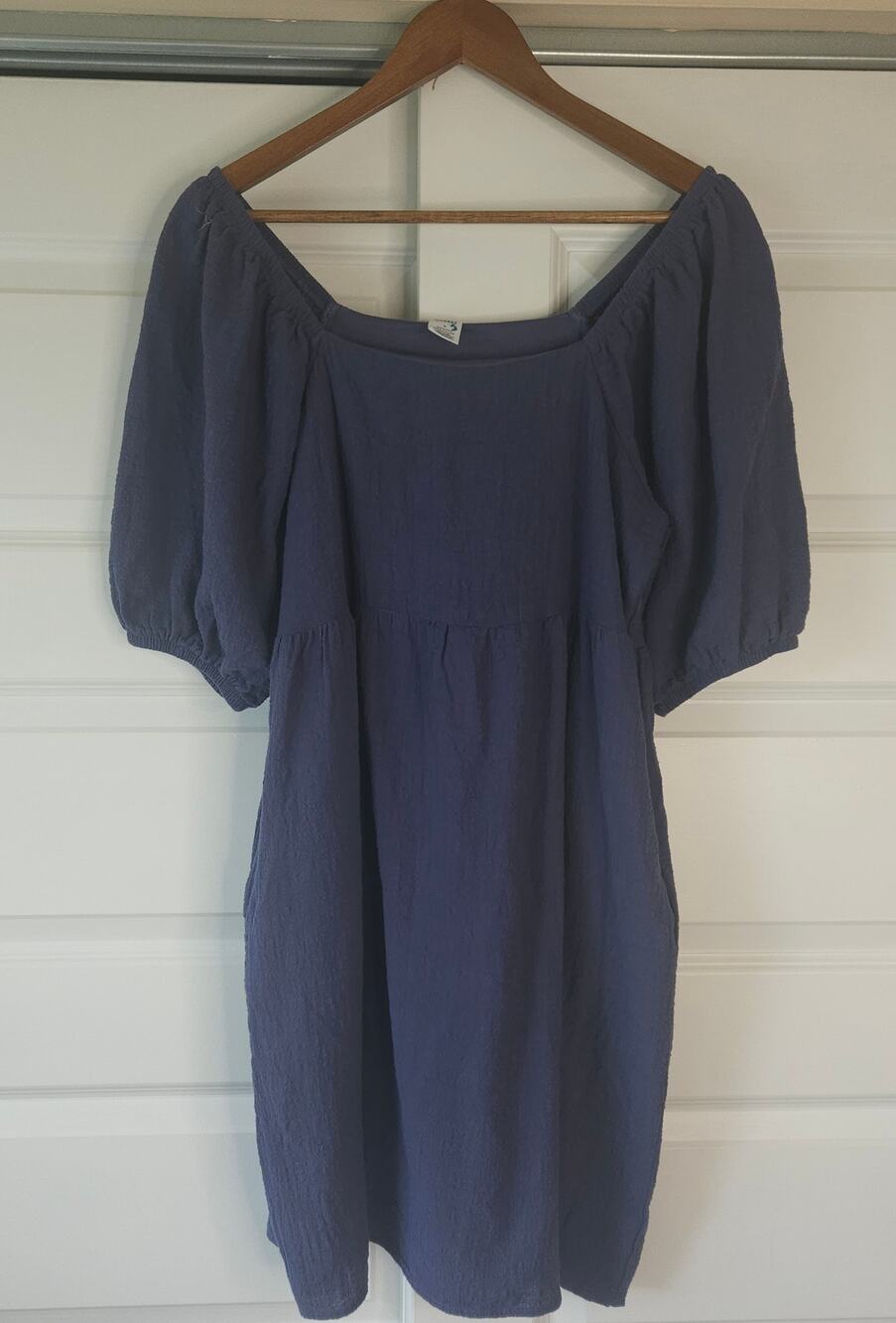 Melrose and Market Blue Textured Puff Sleeve Dress Square Neck Pockets M